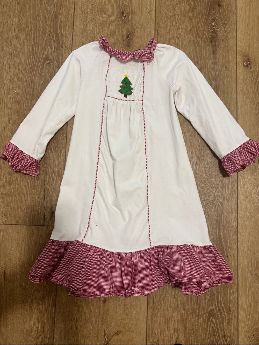 C&L White Nightgown with Red Gingham Trim and Green Tree Motif